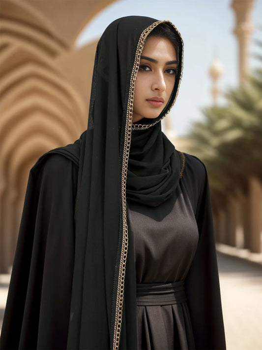 Lisa Hijab en mousseline de soie noire décoré d'un liseré doré